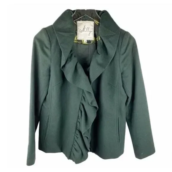 EUC Milly of New York Forest Green Wool Blend Ruffle Collar Trim Coat - Size 10 - Picture 2 of 11
